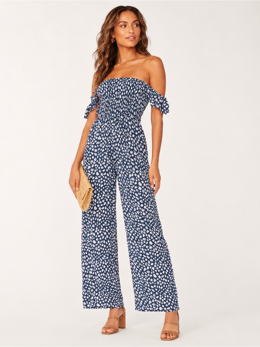 Tiare Hawaii Jade Jumpsuit S/M Frost Navy Off-Shoulder Smocked Wide Leg